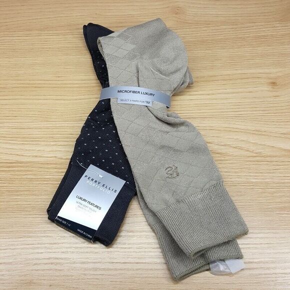 PERRY ELLIS Dress Socks 2-Pack Tan Black Ultra Soft Luxury Stretch - Picture 1 of 4